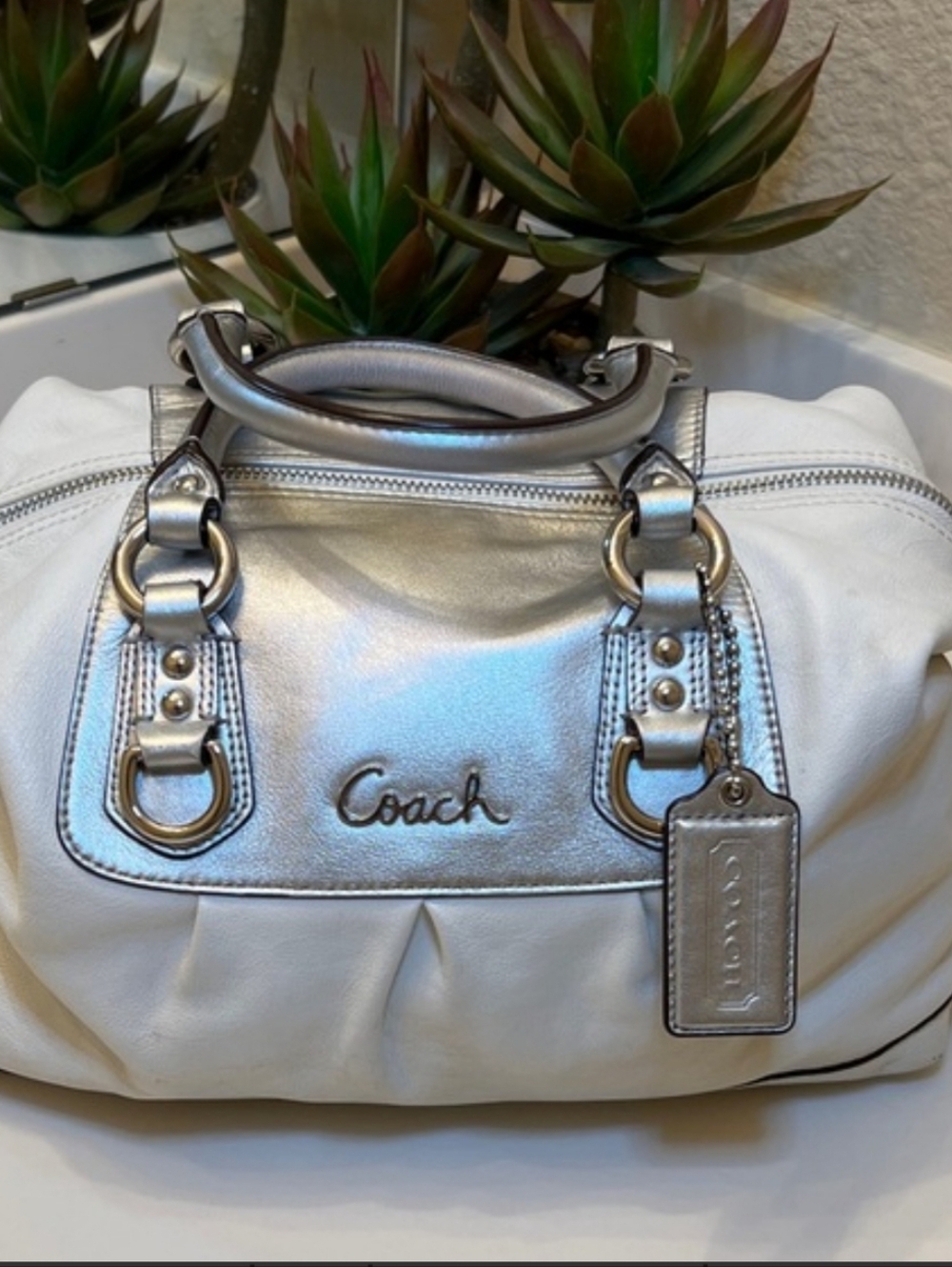 Coach Ashley White And Silver Leather Satchel with Metallic Silver Hardware